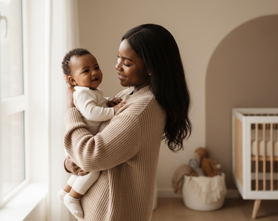 A mother holding her baby in a warm nursery